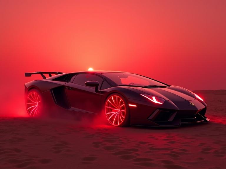 Vibrant red light with futuristic Lamborghini with laser light wheel rims in a desert at noon