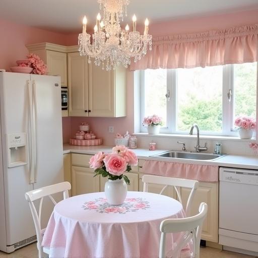 Shabby chic kitchen with light pink and white design. Crystal chandelier hangs above a round table. White appliances complement the decor. Light pink roses sit in white flowerpots by the sink. Table has a light pink rose print tablecloth. White table and chairs are set in the colorful space. Walls painted in light pink.