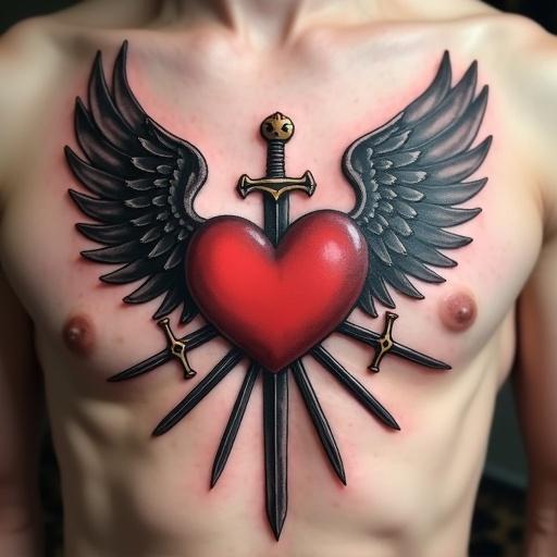 A realistic tattoo design featuring a small heart with four wings and seven swords, located on the chest of a person.