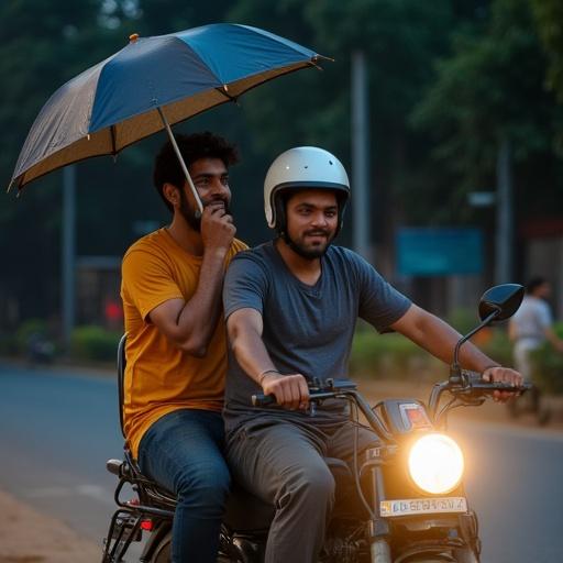 Two young Indian men are riding a motorcycle. The one in back holds an umbrella. Another young man rides a scooter in front. It is night time.