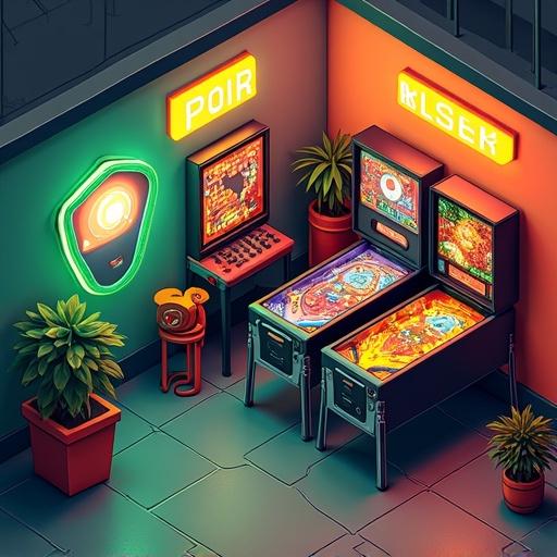 illustration of a pinball gaming room with neon green and orange colors. Isometric perspective showcasing pinball machines and accessories. Blocky design with high contrast.