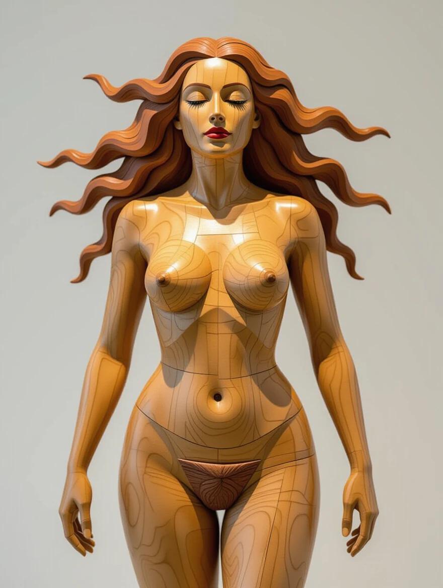 3D artistic sculpture made entirely of wood. Female figure in an abstract form. Displays natural wooden textures and curves. Artwork emphasizes the female body as an evolving form.