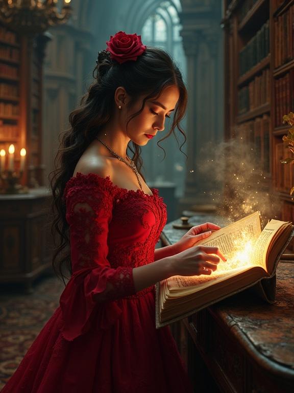 Enchanting magical woman engages with an ancient spellbook in a grand library scene. Woman wears a captivating red gothic dress. Soft glow illuminates the scene. Rich details create a mystical ambiance. Digital painting influences evident throughout.