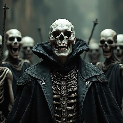 An undead necromancer emperor smiles. He is surrounded by his undead minions. His consort is a pale, beautiful vampire. Background shows a gothic imperial court.
