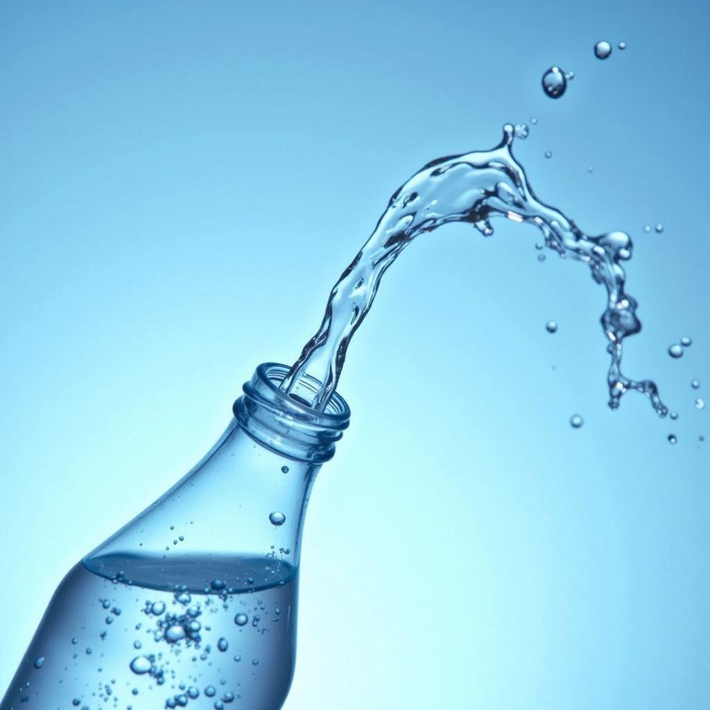 Image displays a clear plastic bottle tilted with water splashing out of its opening. Motion captured showing droplets and streams of water in mid-air. Background features a gradient of blue enhancing water clarity. Visually appealing representation of hydration and freshness.