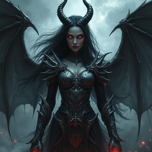 A powerful demoness with dark hair and red eyes in silver armor stands in a shadowy abyss. Surrounding mist and glowing runes create a dangerous yet alluring atmosphere in high detail.