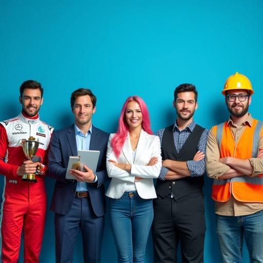 A photograph featuring six diverse professionals against a solid blue background. Individuals stand apart and face forward. A male race car driver holds a trophy. A male journalist has a microphone and tablet. A smiling businesswoman has pink hair and holds a notebook. A female chef in uniform stands with arms crossed. A male construction worker wears a hard hat, safety vest, gloves, and holds a hammer. The lighting is even and bright.