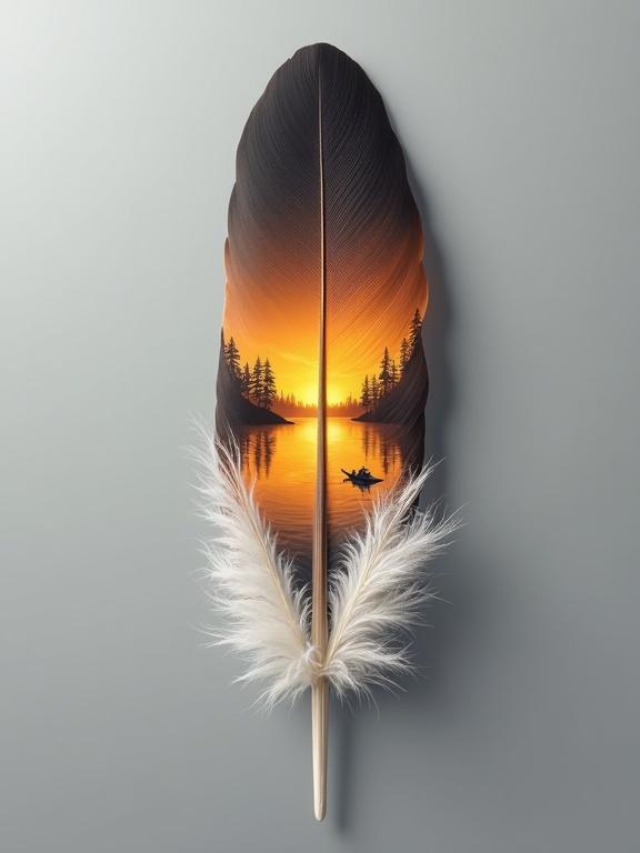 Conceptual art featuring a large bird feather intricately designed with a picturesque landscape at sunset inside. The top of the feather is dark, with a warm yellow-orange sky, sun reflecting on a lake, surrounded by silhouettes of pine trees and a small boat. The bottom of the feather is fluffy and white. The image is isolated against a gray background with a subtle shadow, highlighting the surreal detail and vibrant colors.