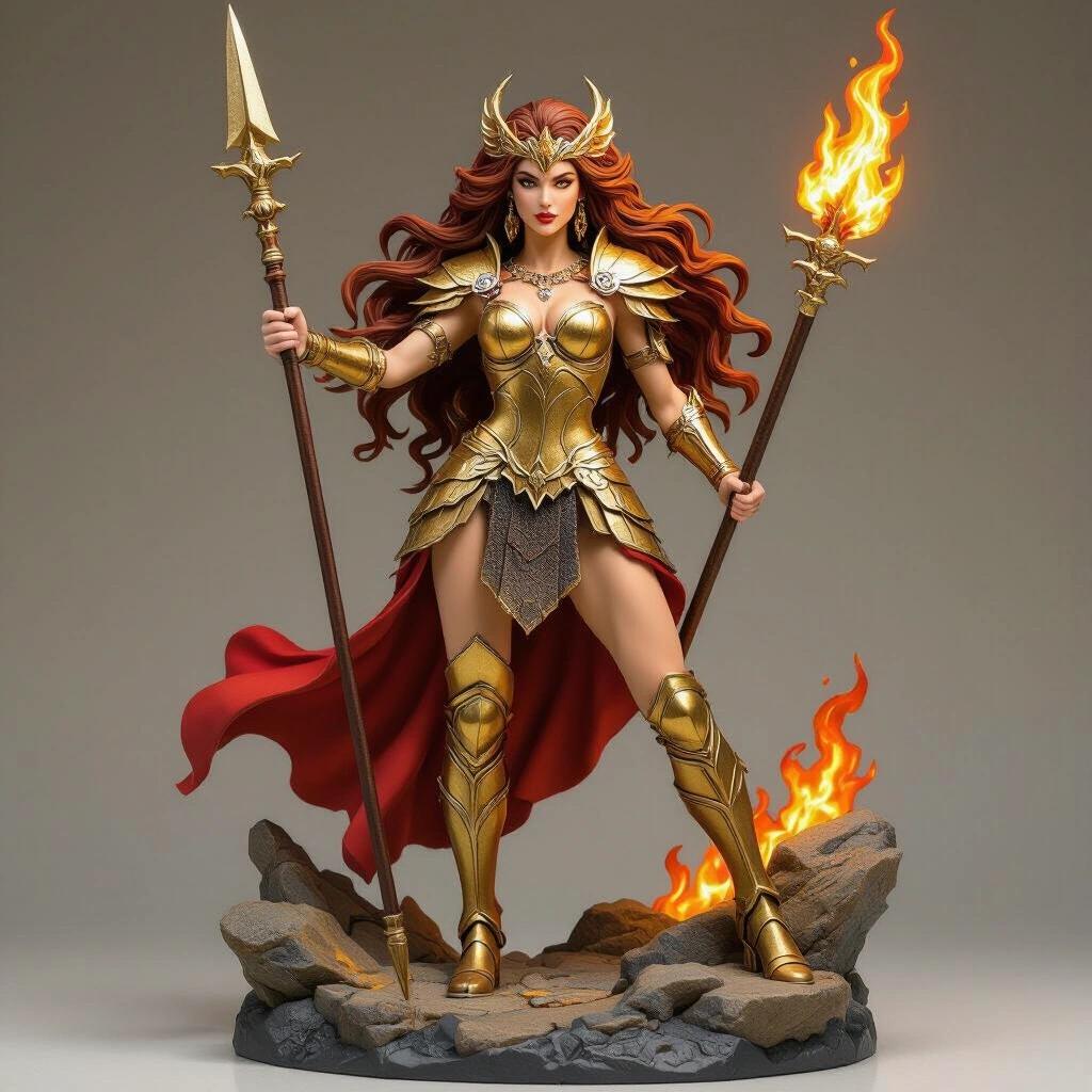 Female resin figure resembling the Leo zodiac sign. Majestic goddess depicted with flowing hair featuring golden brown and fiery highlights. Golden armor includes claw and mane designs with a metallic skirt. Stands on rocky base, holding flaming spear high with a proud expression. Pose shows dominance and sensuality. Crown resembles lion's mane, eyes glow like embers. Designed for strength, fire, and royalty. Semi-realistic fantasy style with intricate details.