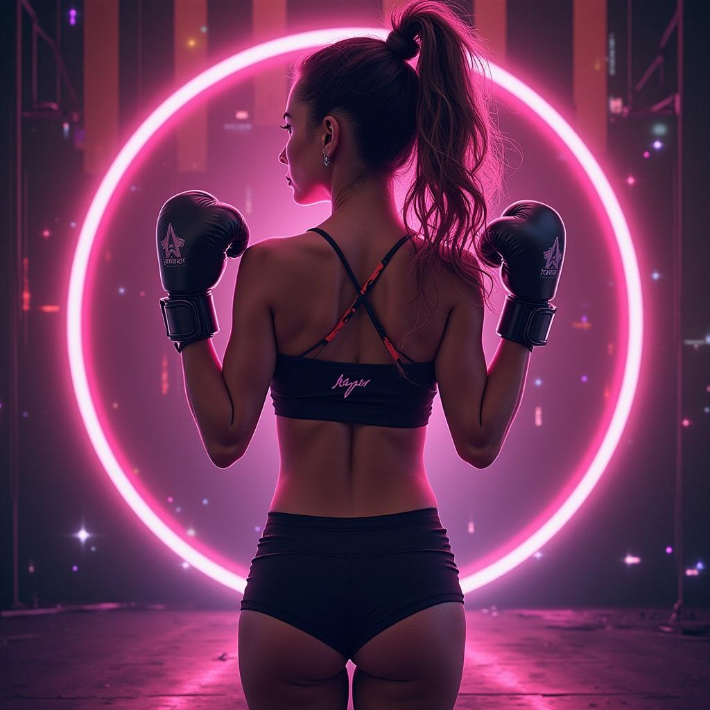 Raw photo capturing a fitness model with boxing gloves. Background features neon lights and a circular glow. Text on image reads DJ Hypertronixx in fancy font.