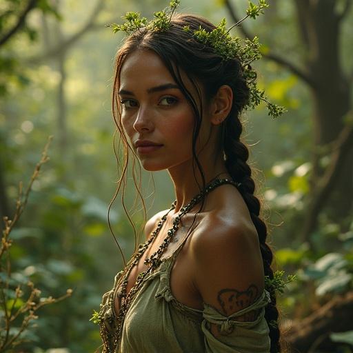 Woman adorned with natural elements signifies earth healing. She reflects beauty and a spiritual connection to nature. Surrounded by greenery in a serene environment. Strong female presence.