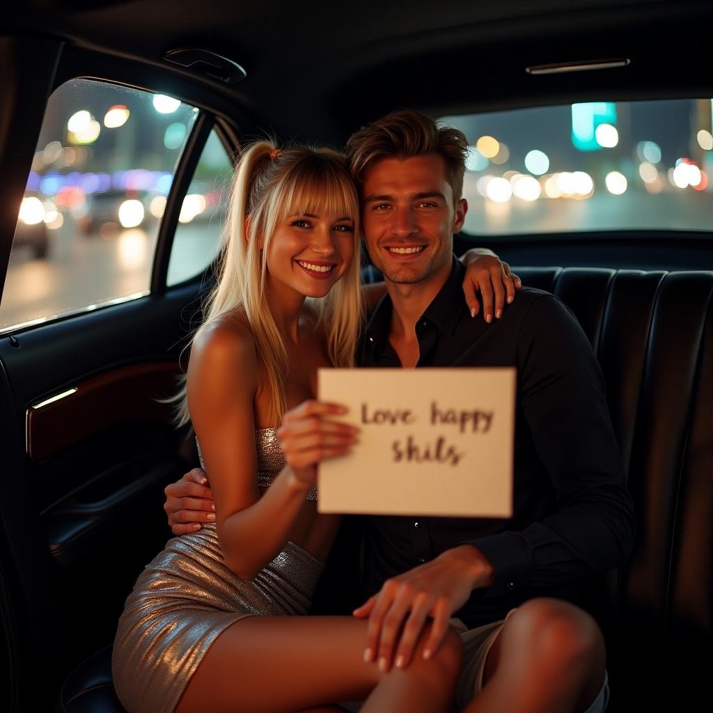 Photorealistic image of a slender young woman in the back seat of a limousine at night. She has long blonde hair styled in twintails and wears a silver short clubbing miniskirt. She holds a sign that says 'say no to white bois'. She is with her African rapper boyfriend. The atmosphere is vibrant with city lights outside the window. Both appear happy and engaged.