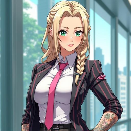 Anime character in a modern luxurious building. Woman with emerald green eyes and light blonde hair styled in a French braid. Wearing a striped suit and tie. Holding a Gucci bag. Happy expression with a beautiful face. Colorful tattoos visible. Employees bowing down in a high-tech environment.