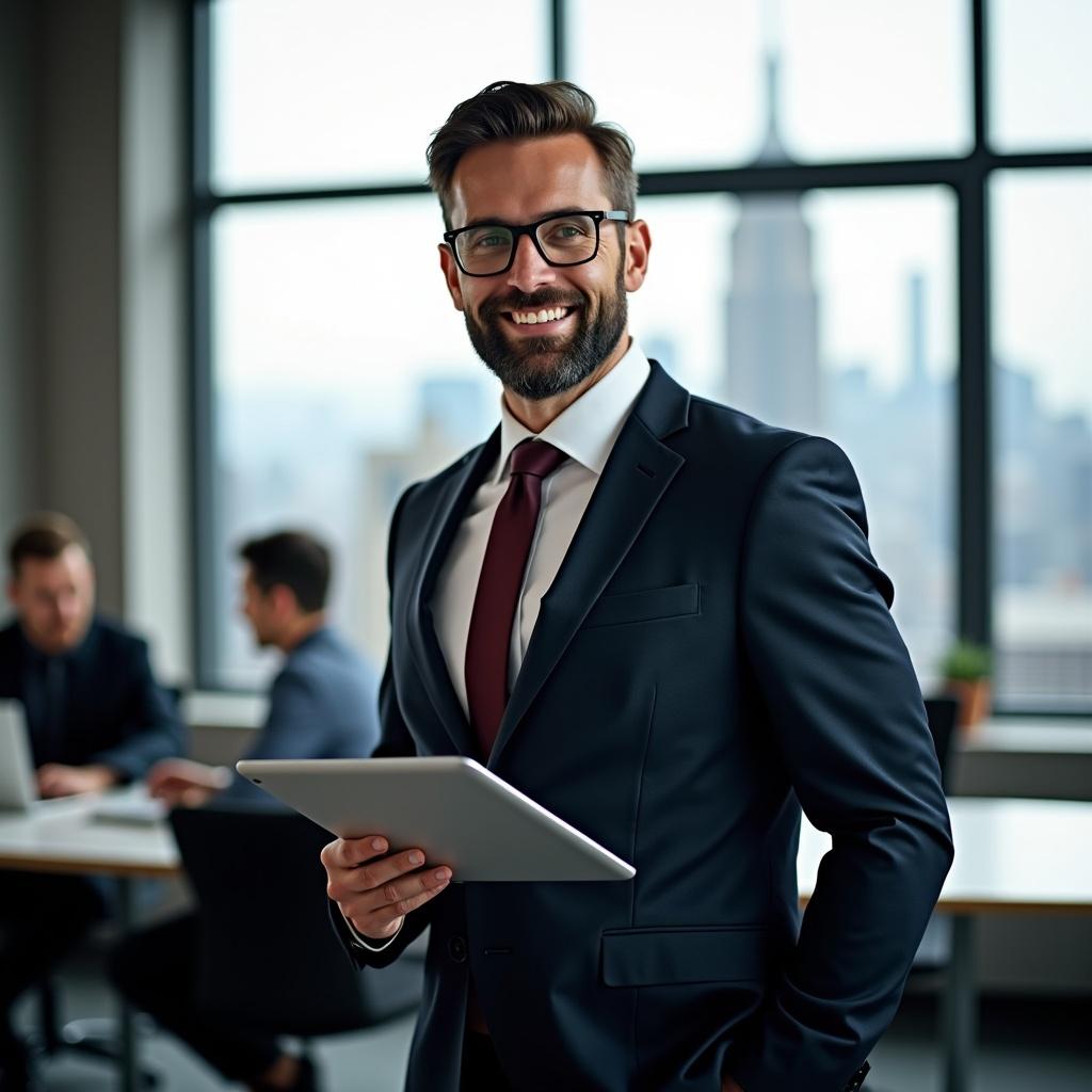 A suited man stands confidently in a modern office space holding a tablet. He gazes directly at the camera. The background has a large window showing a city skyline with the Empire State Building. Natural light creates a sophisticated atmosphere. Three other professionals work with laptops in the background.