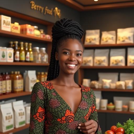 Beautiful young Nigerian lady with radiant skin wearing modern outfit and braided hair. She smiles confidently standing in African-themed store named Berry Food Mart. Background features well-lit shelves with food items like rice, dried fish, oils, tomatoes, and vegetables. Store appears clean, classy, organized with natural light and African decor details.