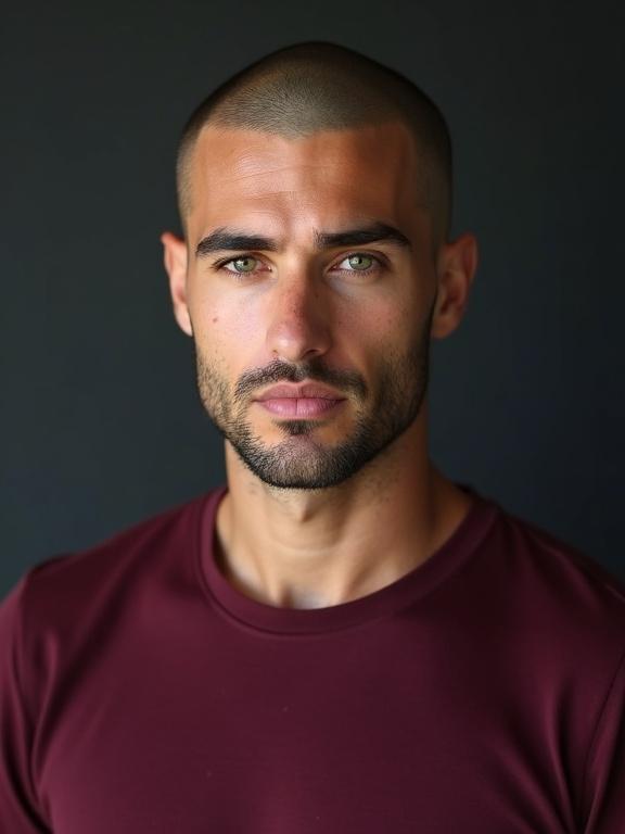 Studio portrait photograph features a young man with bright green eyes and a closely shaved head. He has a shaved beard and wears a burgundy colored t-shirt. The background is dark, emphasizing his good complexion and striking features.
