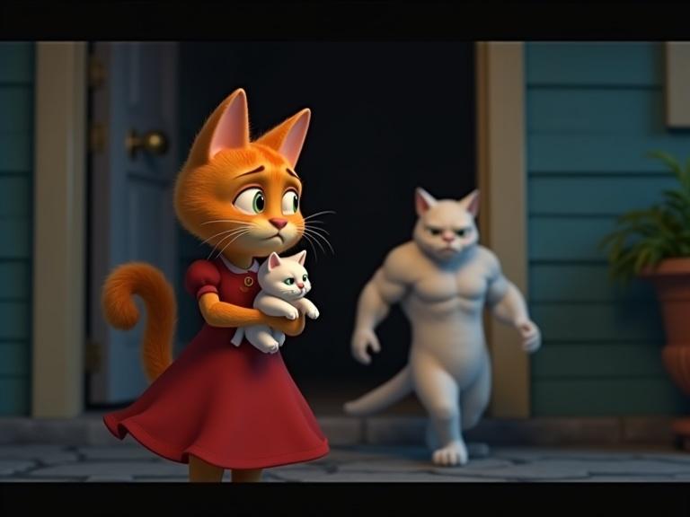 Orange tabby mother cat in red dress holding small white kitten. Mother cat looks sad. Muscular white cat walks out front door. Nighttime scene with moody lighting. 3D animation style.