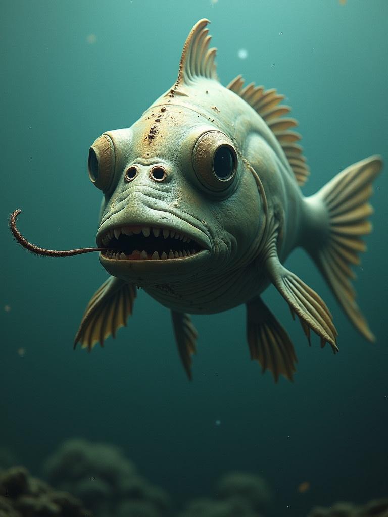 Large alien fish floating underwater. Fish features three eyes on its head. It has a long proboscis to feed. The fish has elongated fins and a strong body structure. Underwater environment with soft lighting effects.