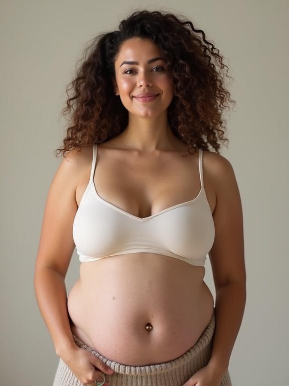 Portrait of a pregnant woman wearing a light tank top and skirt. She has loose curly hair and smiles at the camera. The background is simple and minimal.