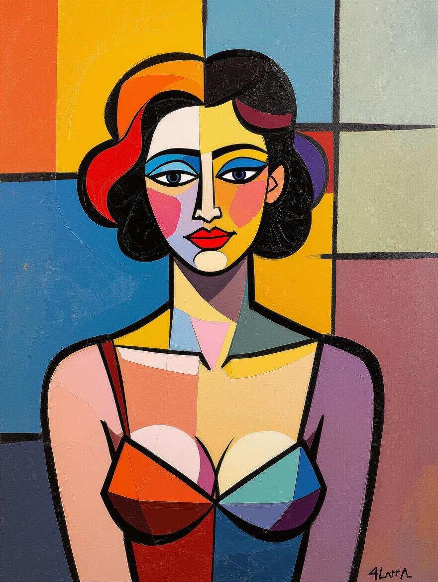 Matisse inspired artistic nude representation. Vibrant colors fill the canvas. Depth and surface texture create a 3D effect. Beauty manifests through layers of color. High resolution artwork with a magical and evocative feel. Abstract representation includes phallus themes subtly. Thick globs of paint showcase a hand-painted look. Artistic chaos adds character to the piece.