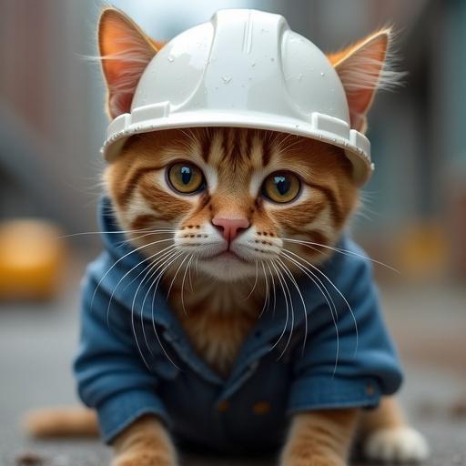 A semi-realistic cat wearing a white hard hat and blue work jacket, sweat appearing, tilted head, one ear drooping, construction background, hunched posture, scared expression, trembling body, wide eyes, dilated pupils, crouched position, flattened ears, fur raising up