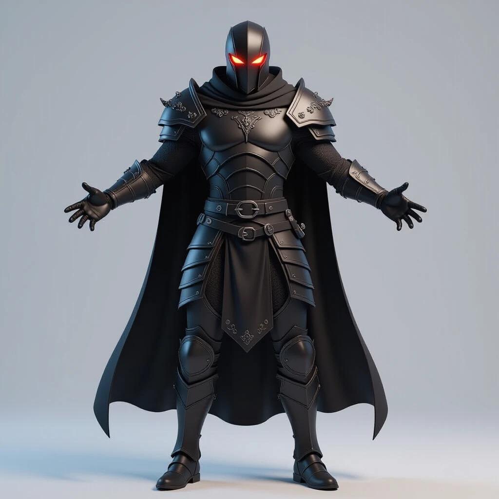 3D character design depicting a medieval warrior. Armor is dark and resembles Dracula's style. Character stands in a t-pose with arms spread out. Solid white background creates contrast. Strong physique visible.