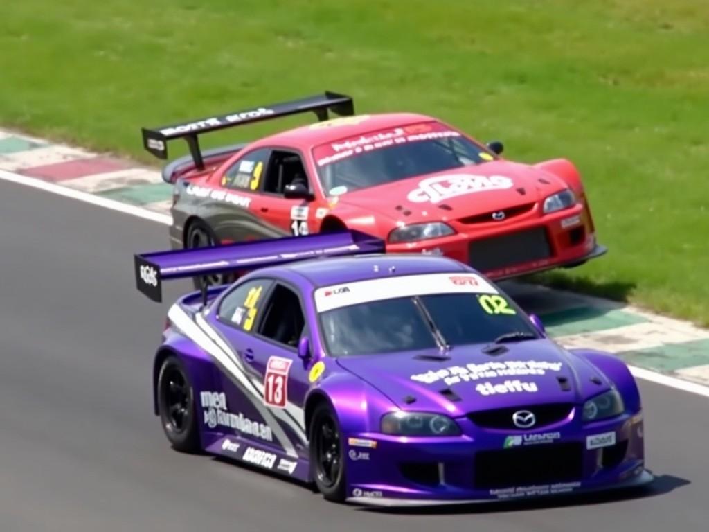 The image shows two race cars in a dynamic moment on a track. The car in the foreground is purple and is labeled with names and sponsors like "Skip Barber Racing" and "Mazda." It is closely followed by another car which appears to be red, and it is airborne, capturing a moment of intense action. Both cars have visible sponsorship logos and driver numbers, enhancing the competitive racing atmosphere. The scene is set against the green grass of the racetrack's surroundings, adding contrast and depth to the image.