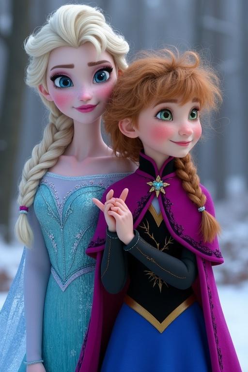 Image featuring a toddler with dirty blonde curly hair standing next to Anna and Elsa from Frozen. Character design reflects the enchanted forest spirit.