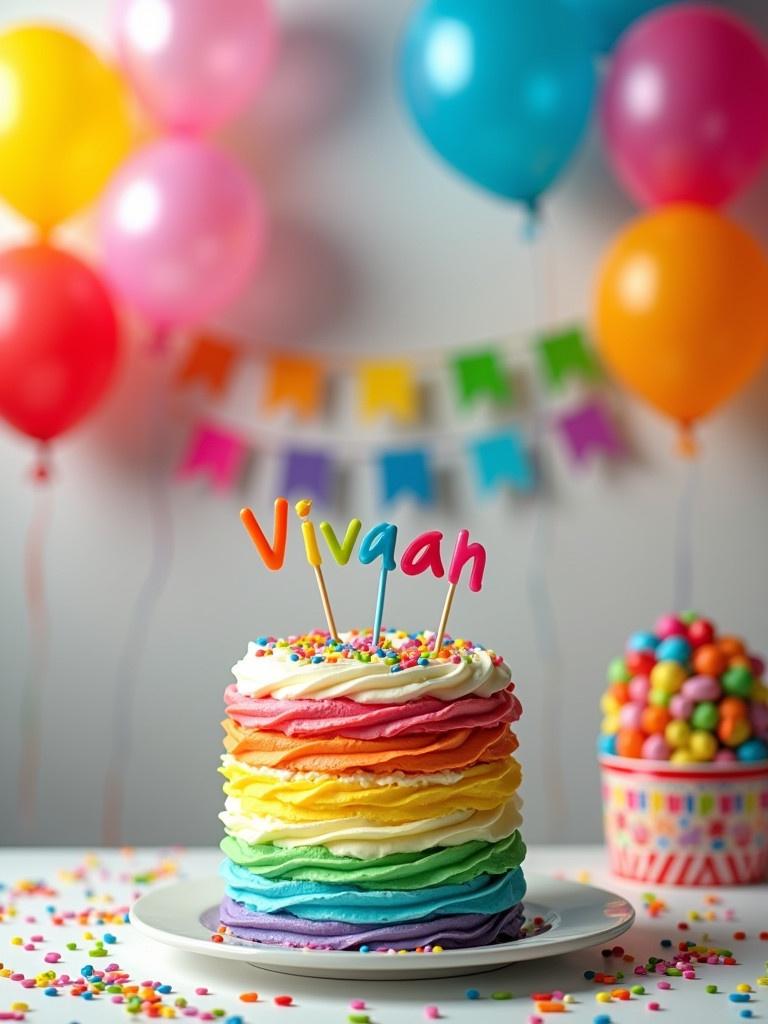 Colorful birthday scene includes a rainbow cake balloons and a cheerful background. Write Vivaan in rainbow colors