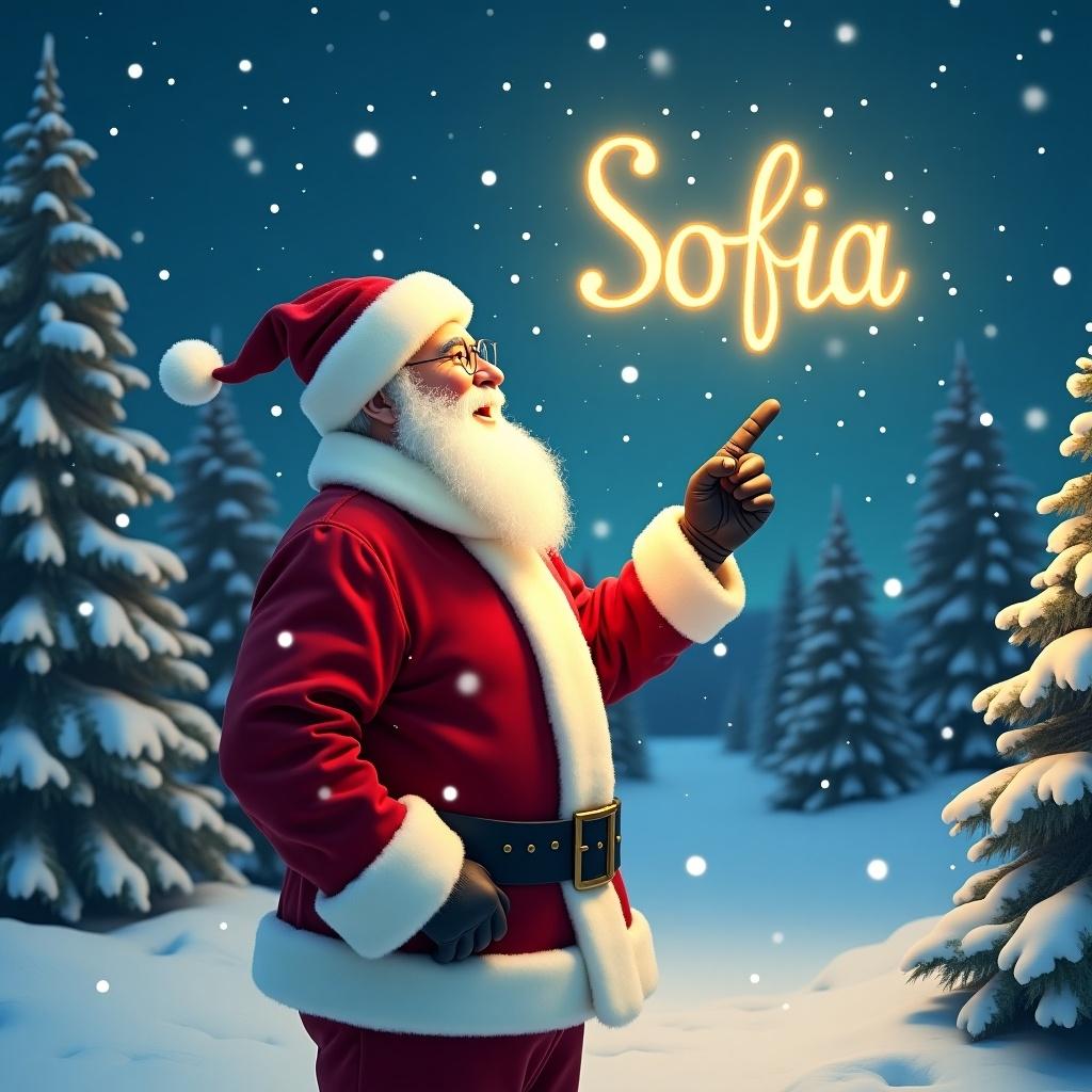 Santa Claus is standing in a snowy village. It is a perfect winter evening. He is writing 'Sofia' in the sky. Snow gently falls around him. Santa wears a traditional red suit with white trim. He is pointing upward while the name 'Sofia' lights up the sky. The background has snowy trees. This image captures a joyful and festive scene of Christmas.