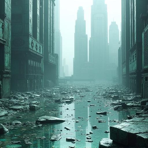 A landscape of a ruined city with towering skyscrapers in the background. The ground is littered with broken glass and debris reflecting the structures. Fog envelops the scene giving an ethereal quality. The color scheme includes various shades of green and gray. The atmosphere feels abandoned and melancholic.