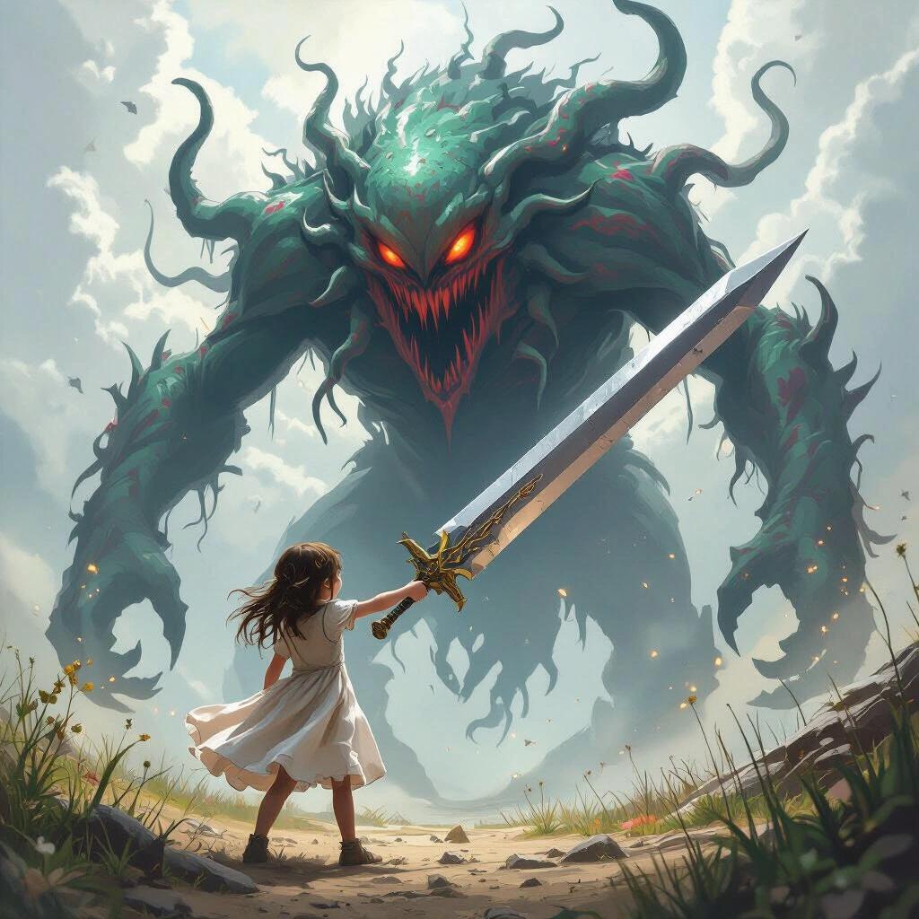 Young girl wearing a dress wielding a giant sword against a giant eldritch monster.