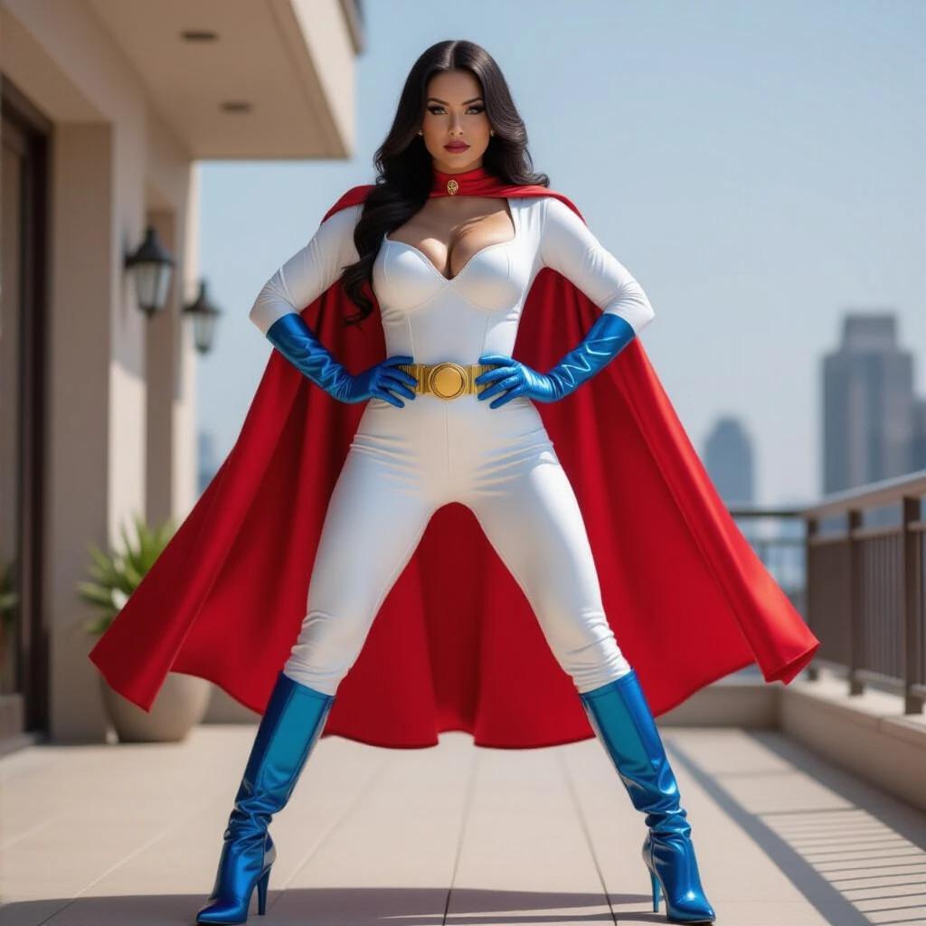 A short body superheroine with heavy makeup. Dressed in a white latex uniform with low-cut chest cutout. Wearing very long metallic blue gloves and a metallic red cape. Sporting metallic blue high-heeled boots and a gold belt. Long black hair styled beautifully. She stands with hands on hips, levitating effortlessly 20 feet off the ground on a terrace.