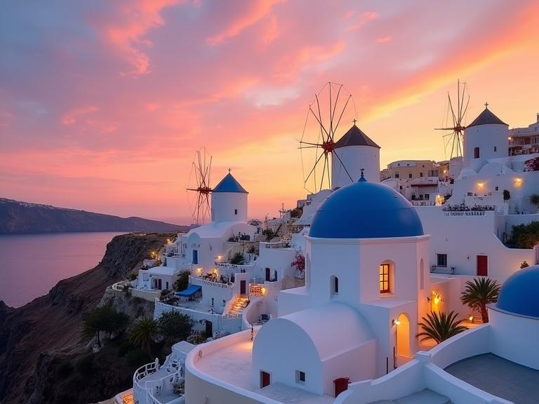 Whitewashed buildings with blue domes are clustered on a hillside. Windmills stand against a vibrant sunset. The sky is colorful with orange, pink, and purple hues. Smooth curves and sharp angles define the architecture. Balconies and terraces are visible. Soft white light glows from homes and restaurants. Scene conveys a tranquil evening atmosphere by the coast.