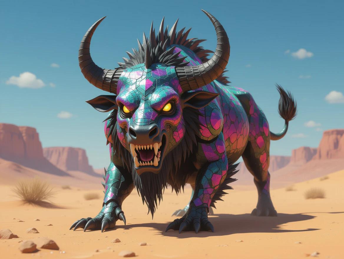 A bizarre beast with a bison head stands in a desert. The creature has razor sharp teeth and glowing black eyes. Antler horns protrude from its head. It stands on two hind legs. Its front arms have T Rex like claws. The background has an orange sunset.