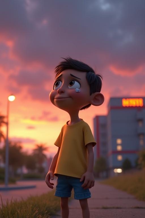 3D animated scene of Kittu outside the hospital at dusk. Kittu is wearing a faded yellow shirt and blue shorts. He shows deep grief with tear-filled eyes looking up at the sky. The hospital is in the background, illuminated by soft lights against a vibrant sunset. The mood is bright yet melancholic with dramatic lighting and scattered clouds.