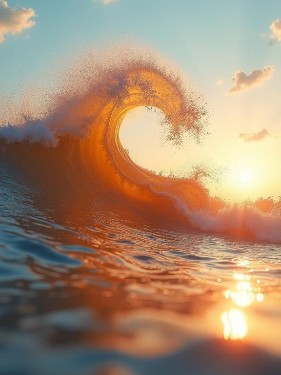 A surreal scene combines a giant wave made from soft leather in rich earthy tones with a sunset sky featuring pastel blue, pink, and golden orange. A blue Hermès watch floats above the wave. The wave has visible leather texture and ripples majestically. Soft sunlight bathes the scene as the sun sets behind the wave, creating a dreamlike atmosphere.