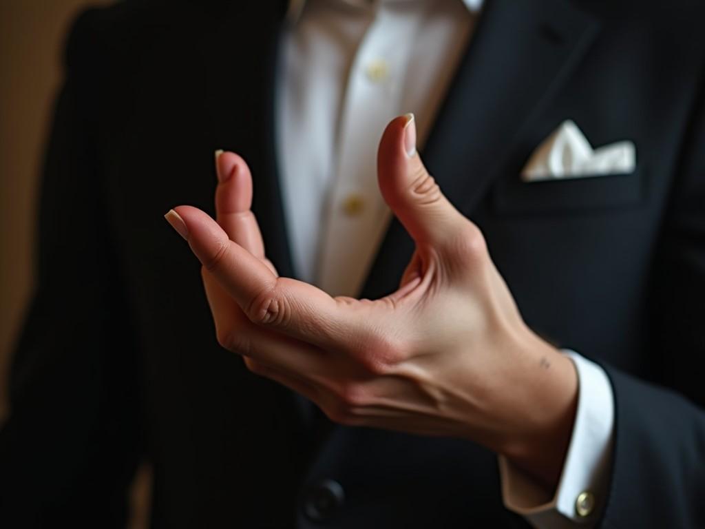 The image captures a close-up of a well-groomed hand belonging to a person wearing a formal suit. The hand is elegantly posed, with fingers slightly bent as if making a gesture. The suit is predominantly black, with a crisp white shirt underneath. There's a hint of sophistication, suggesting a formal event. The lighting is soft, subtly highlighting the details of the hand and the suit, conveying a sense of elegance and style.