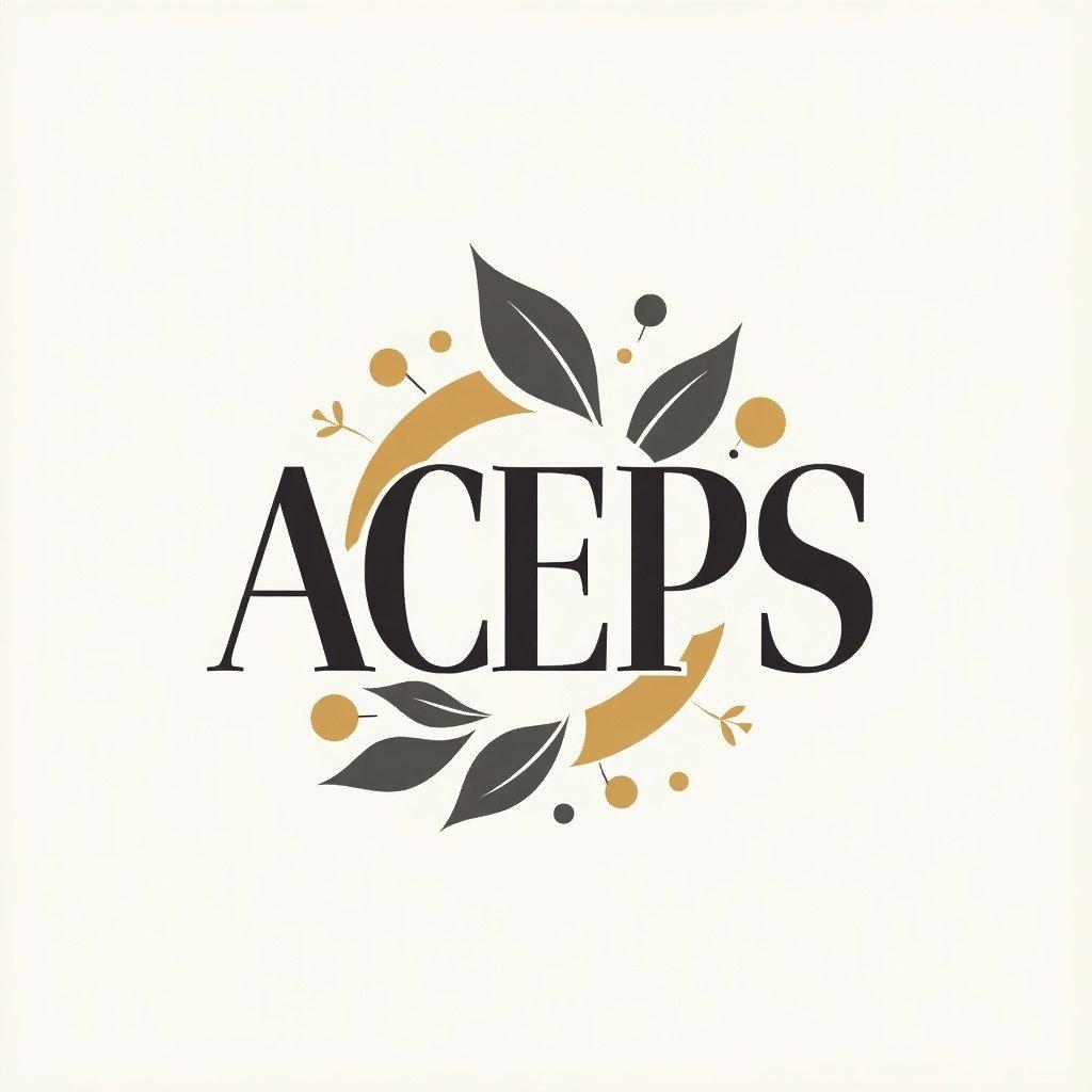 Design features the acronym ACEPS in a sophisticated font. Elements include leaves and circles creating a decorative border. The color scheme is gold, green, and black on a light background.