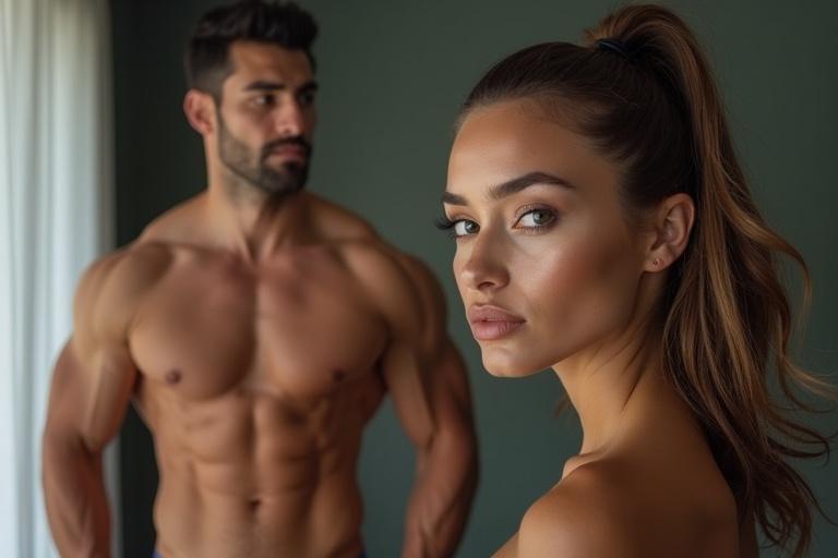 A sequence showcasing a muscular man and a gorgeous woman. Both possess the same facial features. Focus on transformation showcasing strength and beauty with gradual shifting in appearance.