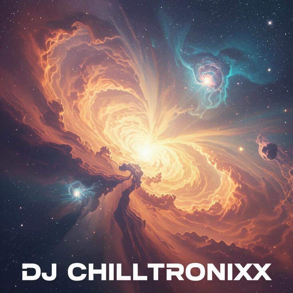 Artistic album cover featuring a stunning nebula sky. Bright colors blend creating a vast cosmic scene. Prominently display the text DJ Chilltronixx. Suitable for music genre illustration.
