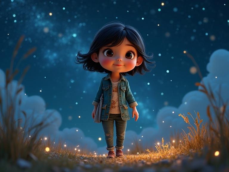 3D layered animation art depicts a child walking under a starry night sky. Background filled with twinkling stars. The character has a mischievous expression wearing a denim jacket. The atmosphere is magical and bohemian.