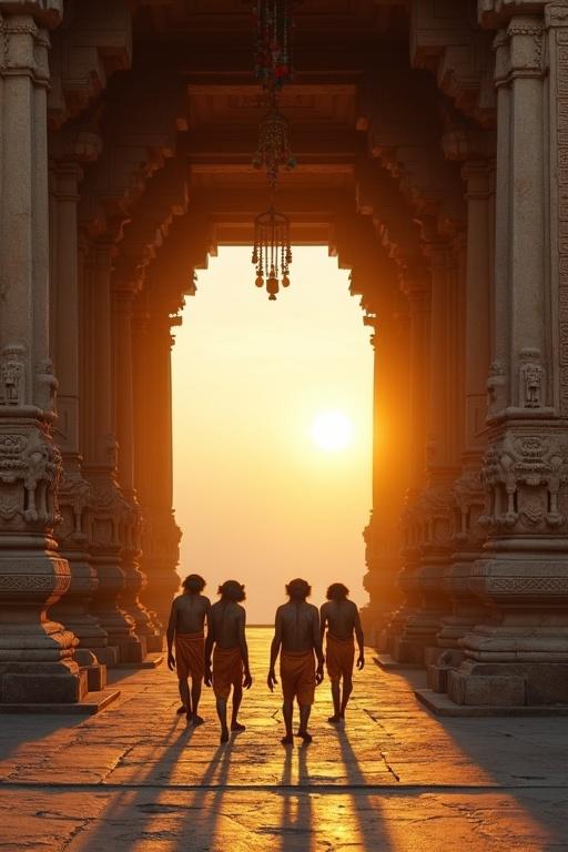 Vertical view of an ancient South Indian Hanuman temple at sunrise. Stone pillars with intricate carvings. Hanging flower garlands. Group of monkeys in traditional attire preparing for ritual. Warm sunlight creates a divine atmosphere. Ultra realistic presentation.