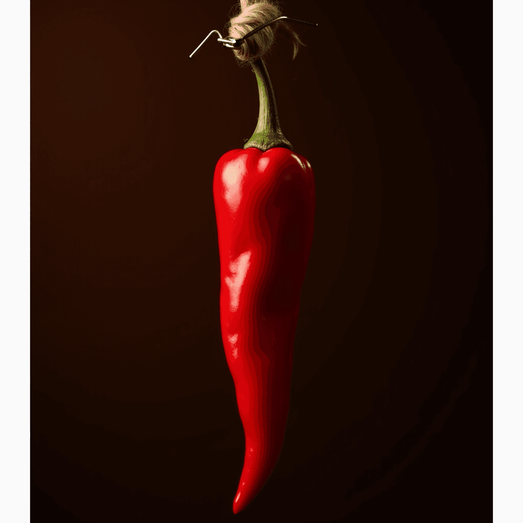 A vibrant red chili pepper with a whimsical bun hairstyle on top.