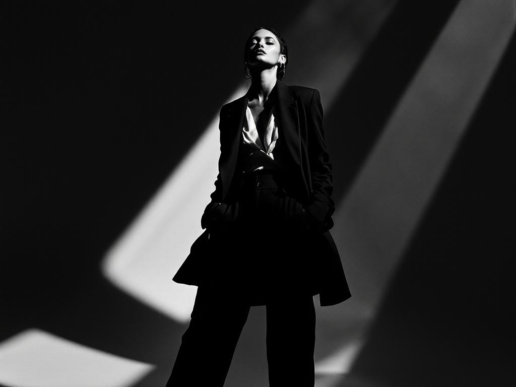 Black and white fashion photograph of a confident woman in a dramatic pose. Wearing an open blazer with high-waisted trousers and heels. Strong light contrasts create deep shadows. Shot in a minimal studio setting. 1990s Vogue inspiration with cinematic style.