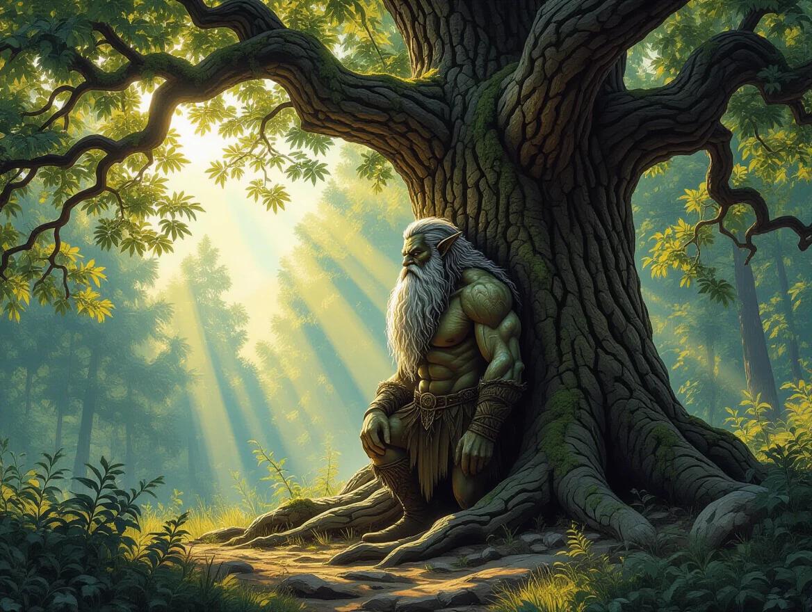 Masterpiece oil painting features an ancient Leshy leaning against a colossal oak tree in a lush forest. The Leshy has bark-like skin and a mossy beard. Golden sunlight pierces through the forest canopy creating a tranquil atmosphere. The artwork showcases heavy impasto texture and dramatic lighting.