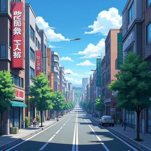 Anime style illustration of a city street view. Lively atmosphere with shops and trees. Daylight setting in a vibrant urban environment.