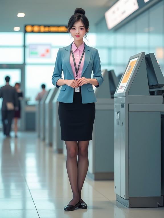 Full-body image of a mid-20s East Asian female airport ground staff in kawaii style. She is dressed in a pastel-pink shirt, black knee-length skirt, azure-blue blazer and closed-toe low pumps. She wears sheer black pantyhose. Hair is neatly bunned, and she has a small silk scarf tied beneath her collar. A lanyard holds her ID badge. She stands next to a check-in kiosk with a friendly smile.