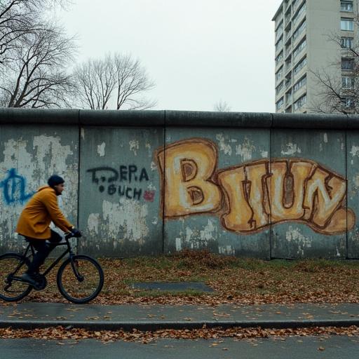 A section of the Berlin Wall covered in peeling graffiti. Gray autumn sky is visible. Dead leaves are on the ground. A lone cyclist rides by in a mustard-colored coat. Sunlight creates stripes on the mural's faded paint. Style is documentary with film grain and historical texture.