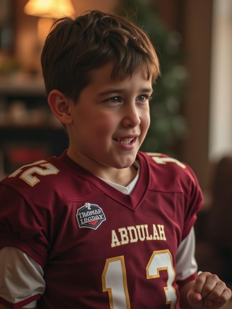 Child reacting emotionally to a gift while wearing a maroon jersey printed with Abdullah and number 13. Indoor setting with soft lighting.